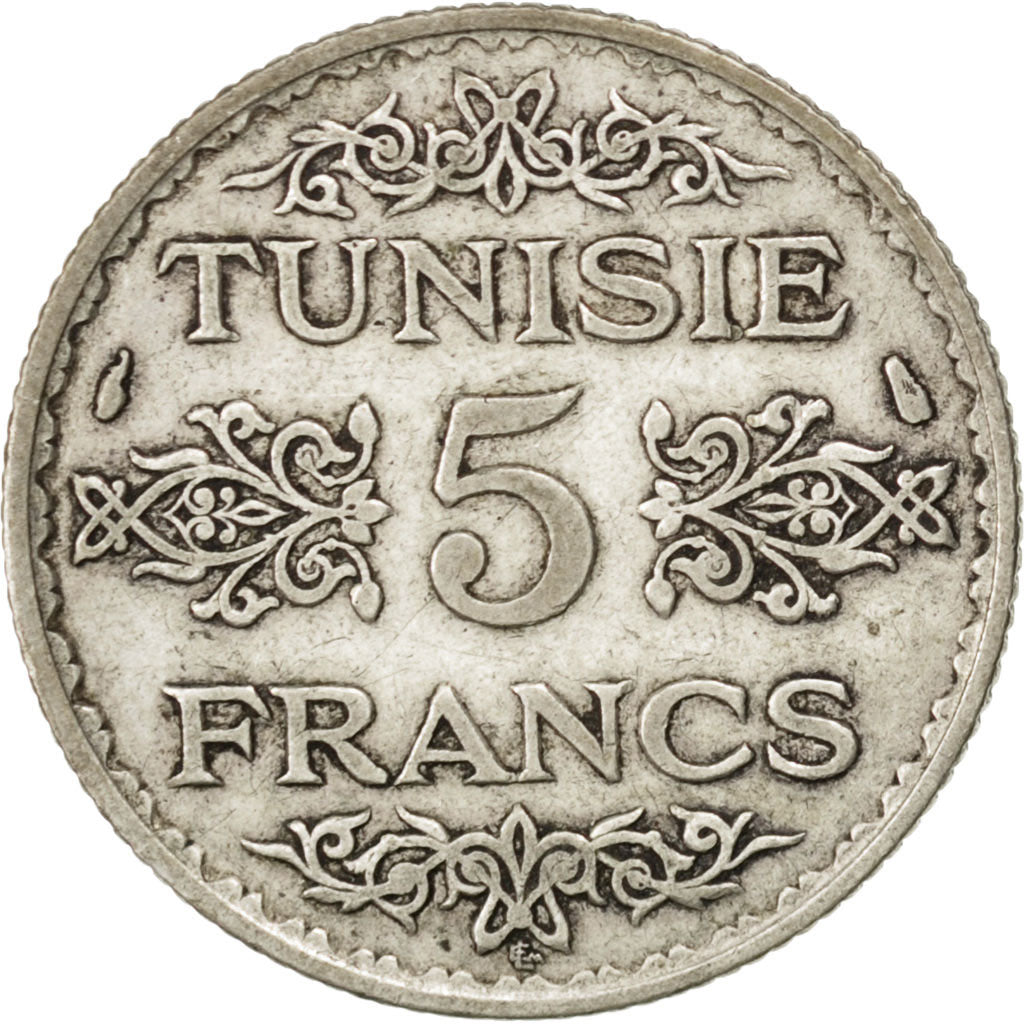 TUNISIA, 5 Francs, 1936, Paris, KM #261, AU(50-53), Silver, 4.93