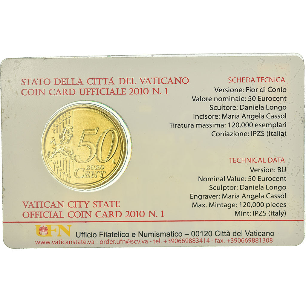 PAŃSTWO WATYKAŃSKIE, 50 Euro Cent, 2010, Rome, Coin card, MS(65-70), Mosiądz