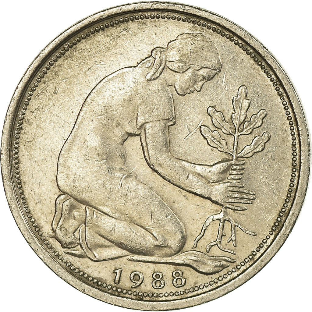 Coin, GERMANY - FEDERAL REPUBLIC, 50 Pfennig, 1988, Stuttgart, EF(40-45)