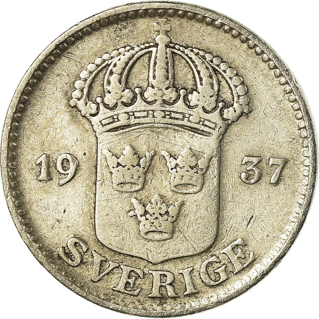Coin, Sweden, Gustaf V, 25 Öre, 1937, VF(30-35), Silver, KM:785