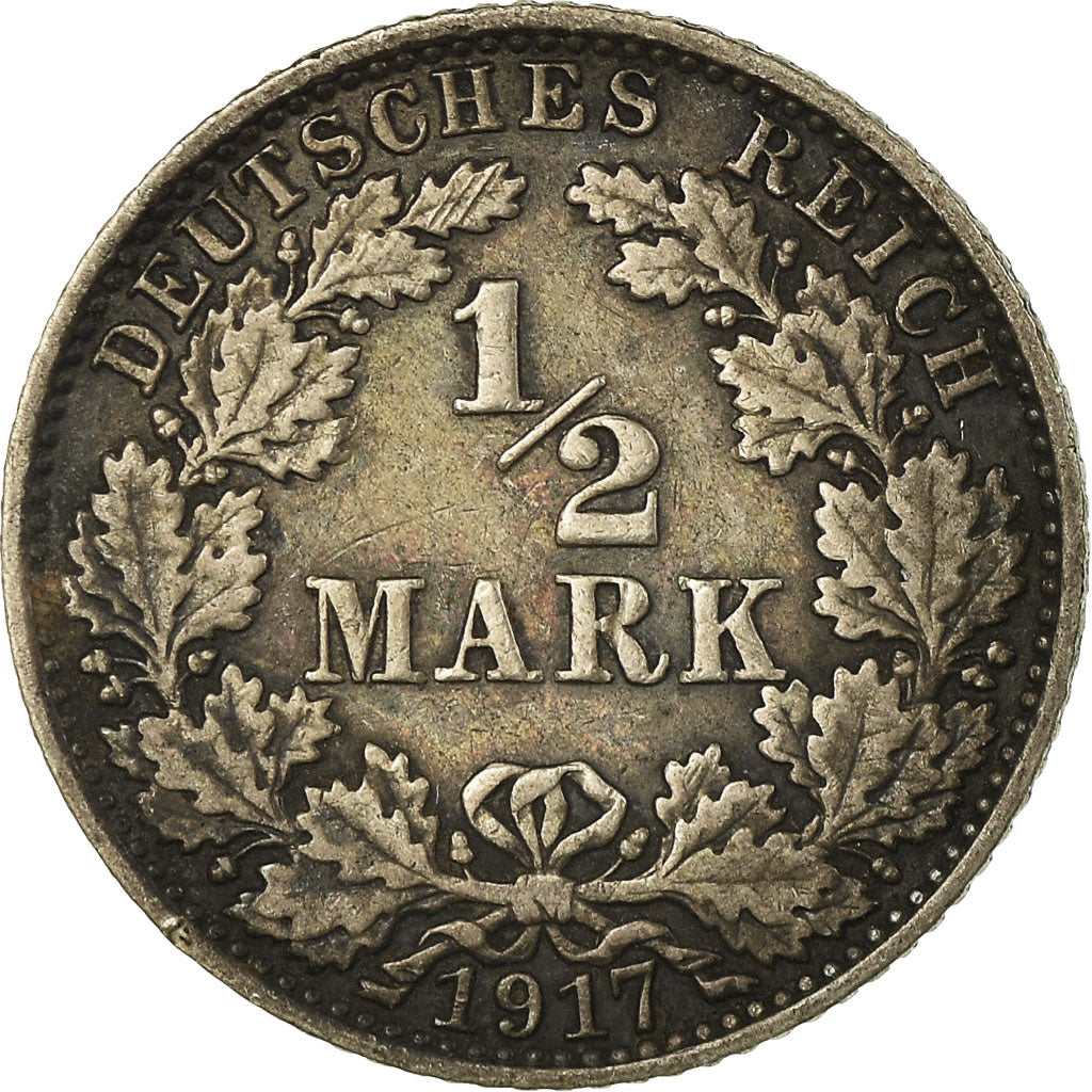 Coin, GERMANY - EMPIRE, 1/2 Mark, 1917, Berlin, VF(30-35), Silver, KM:17