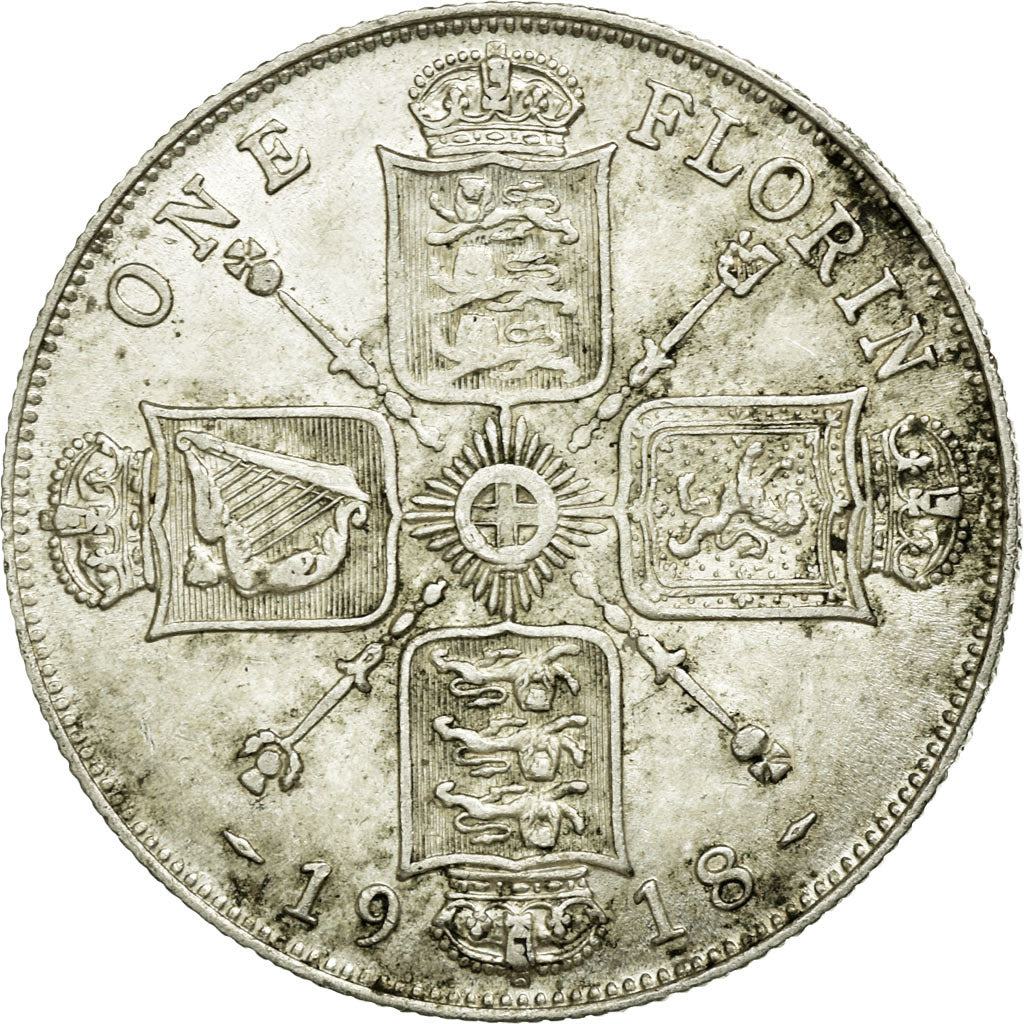 Coin, Great Britain, George V, Florin, Two Shillings, 1918, AU(50-53), Silver
