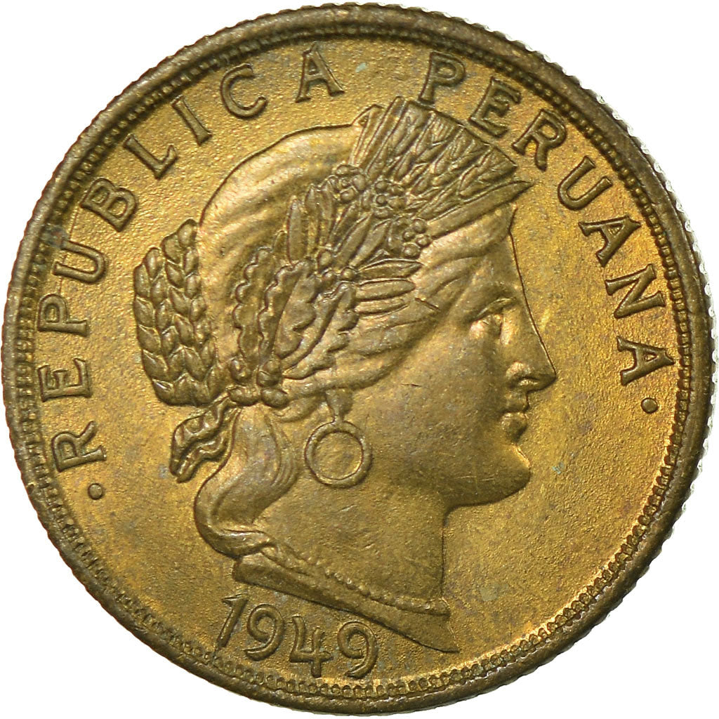 Coin, Peru, 10 Centavos, 1949, EF(40-45), Brass, KM:226.2