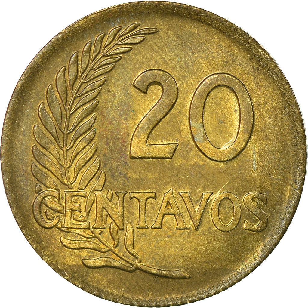 Moneda, Perú, 20 Centavos, 1960, MBC, Latón, KM:221.2b