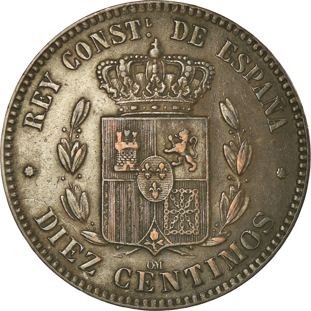 Coin, Spain, Alfonso XII, 10 Centimos, 1878, EF(40-45), Bronze, KM:675