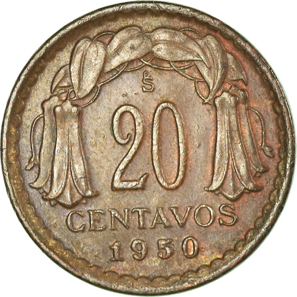 Moneda, Chile, 20 Centavos, 1950, MBC, Cobre, KM:177