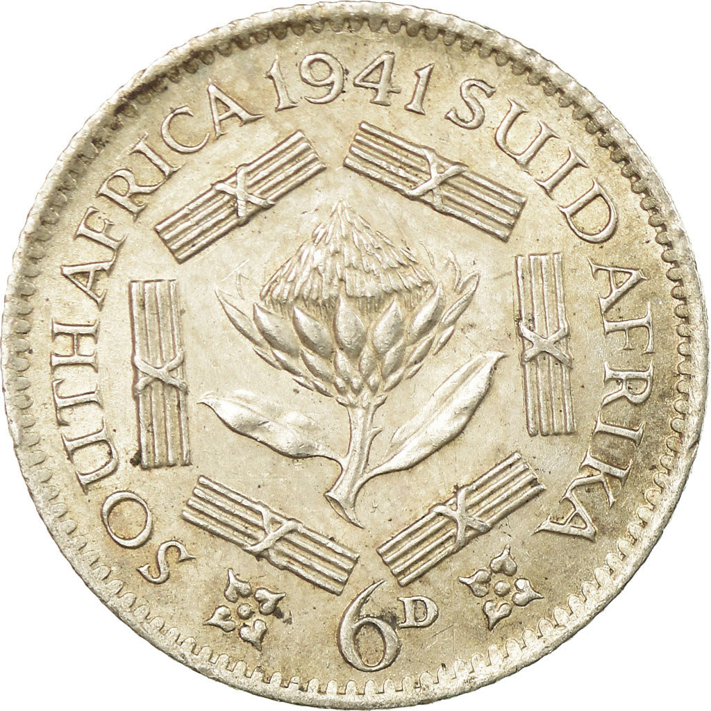 Moneta, Sudafrica, George VI, 6 Pence, 1941, BB, Argento, KM:27