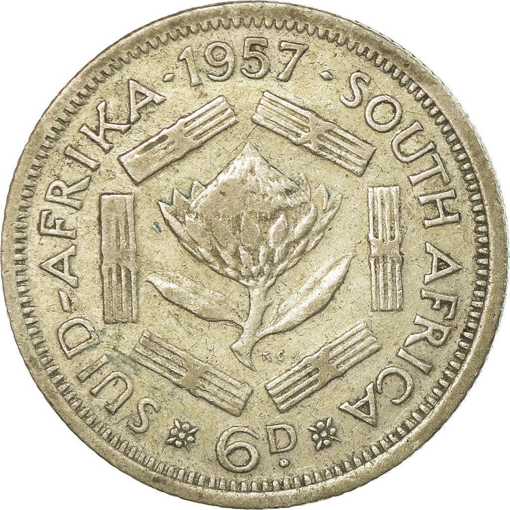 Moneta, Sudafrica, Elizabeth II, 6 Pence, 1957, BB, Argento, KM:48