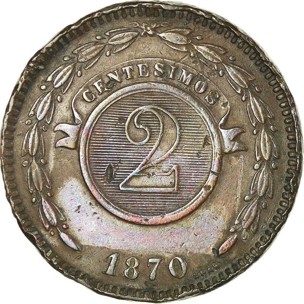 Moneda, Paraguay, 2 Centesimos, 1870, MBC, Cobre, KM:3