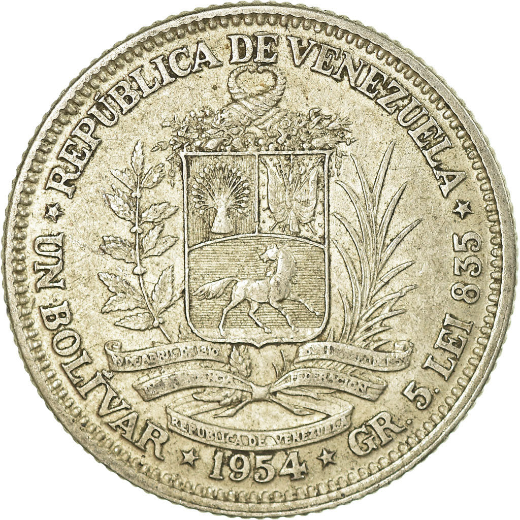 Coin, Venezuela, Bolivar, 1954, Philadelphia, EF(40-45), Silver, KM:37