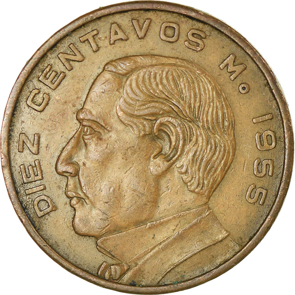 Moneda, México, 10 Centavos, 1955, Mexico City, MBC, Bronce, KM:433