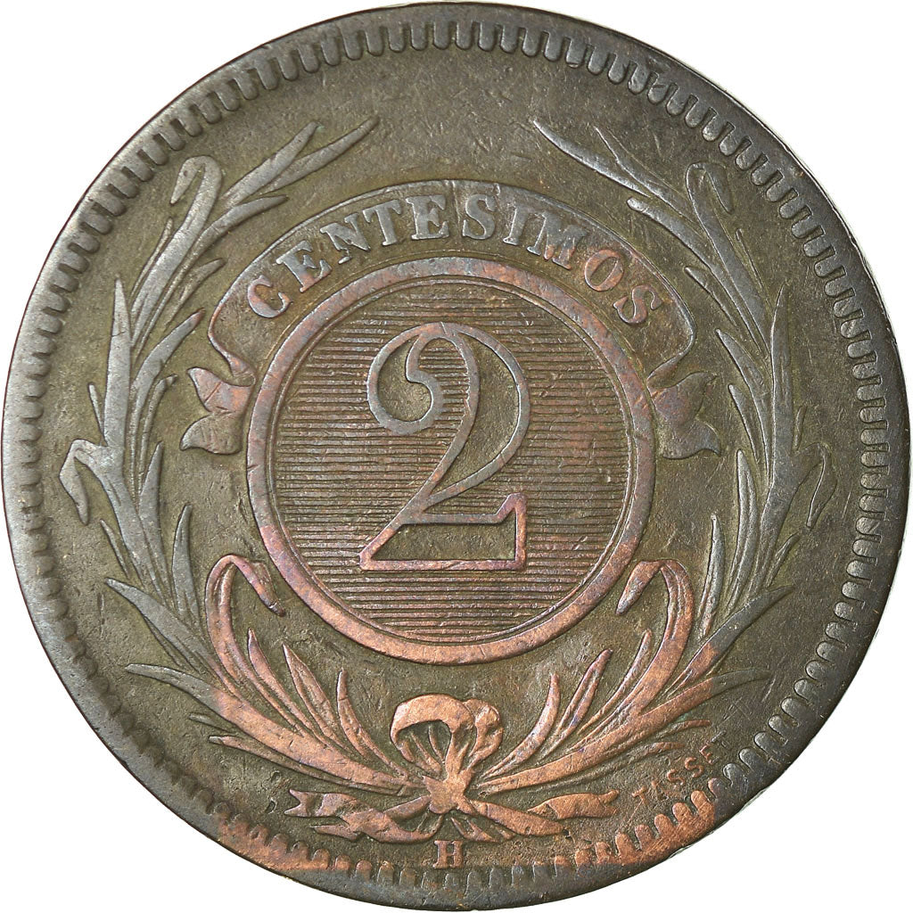 Coin, Uruguay, 2 Centesimos, 1869, Uruguay Mint, Birmingham, EF(40-45), Bronze