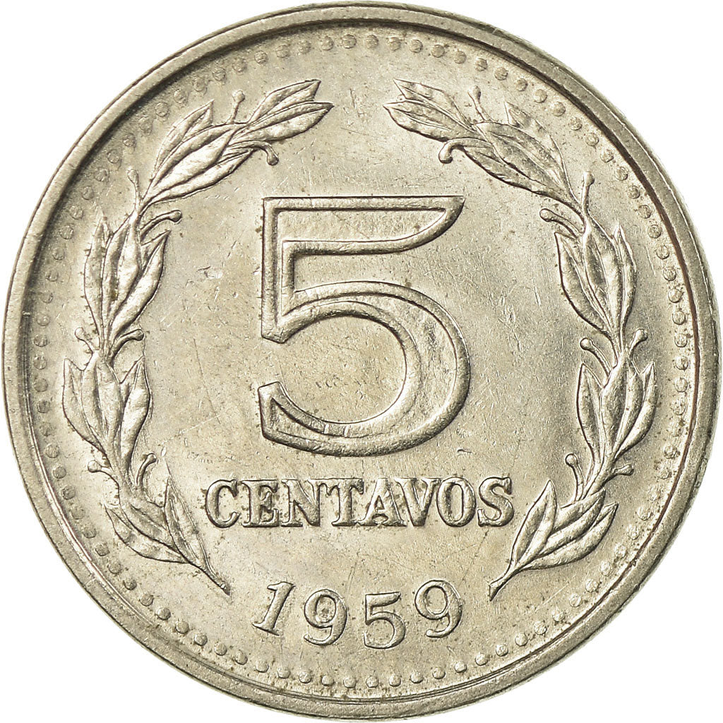 Coin, Argentina, 5 Centavos, 1959, AU(55-58), Copper-Nickel Clad Steel, KM:53