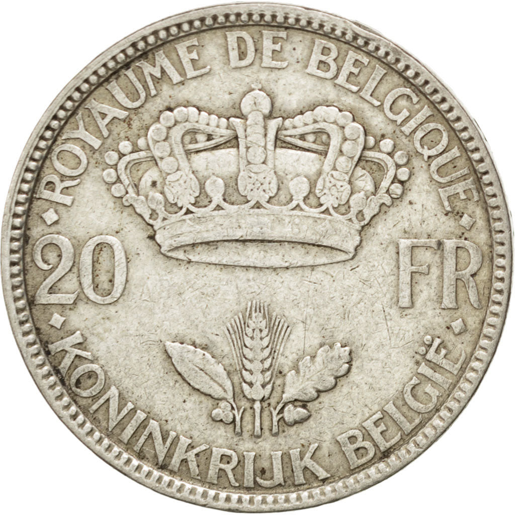 BELGIUM, 20 Francs, 20 Frank, 1935, KM #105, EF(40-45), Silver, 10.95