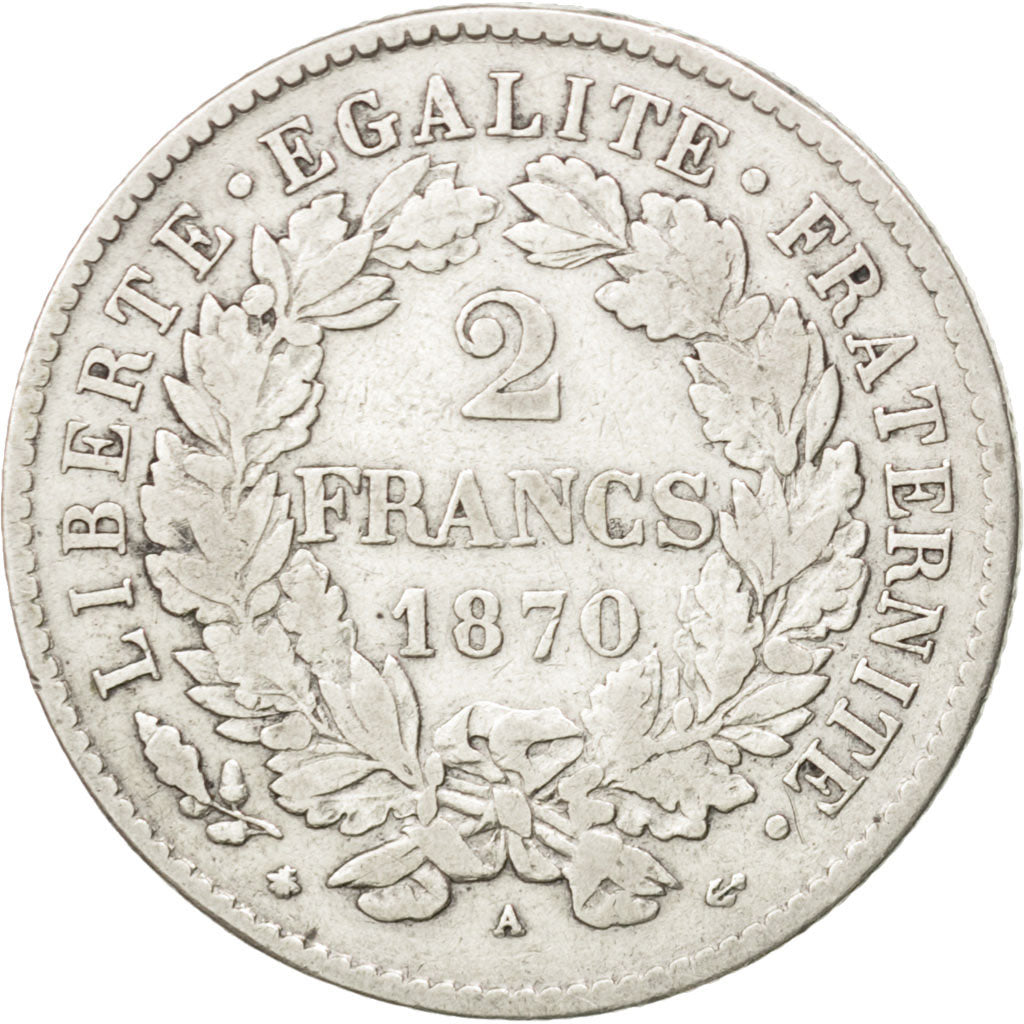 FRANCE, Cérès, 2 Francs, 1870, Paris, KM #817.1, VF(30-35), Silver, 27, Gadoury