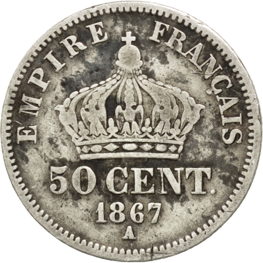 FRANCE, Napoléon III, 50 Centimes, 1867, Paris, KM #814.1, VF(20-25), Silver, 18