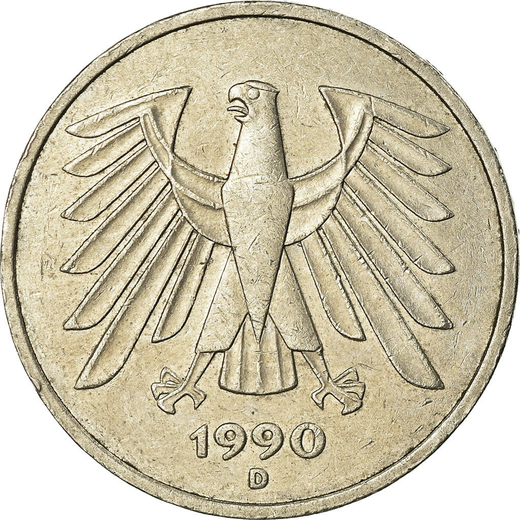 Coin, GERMANY - FEDERAL REPUBLIC, 5 Mark, 1990, Munich, EF(40-45), Copper-Nickel