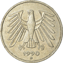 Coin, GERMANY - FEDERAL REPUBLIC, 5 Mark, 1990, Munich, EF(40-45), Copper-Nickel