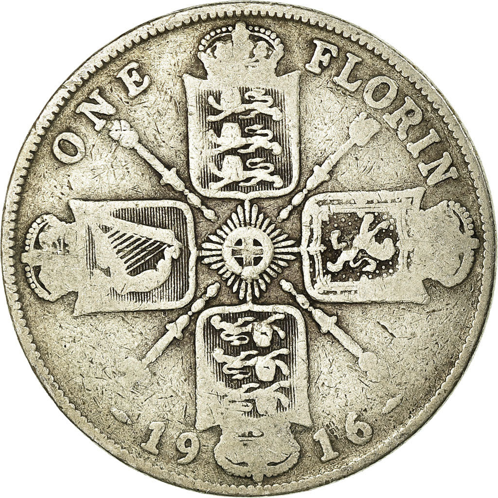 Coin, Great Britain, George V, Florin, Two Shillings, 1916, VF(20-25), Silver