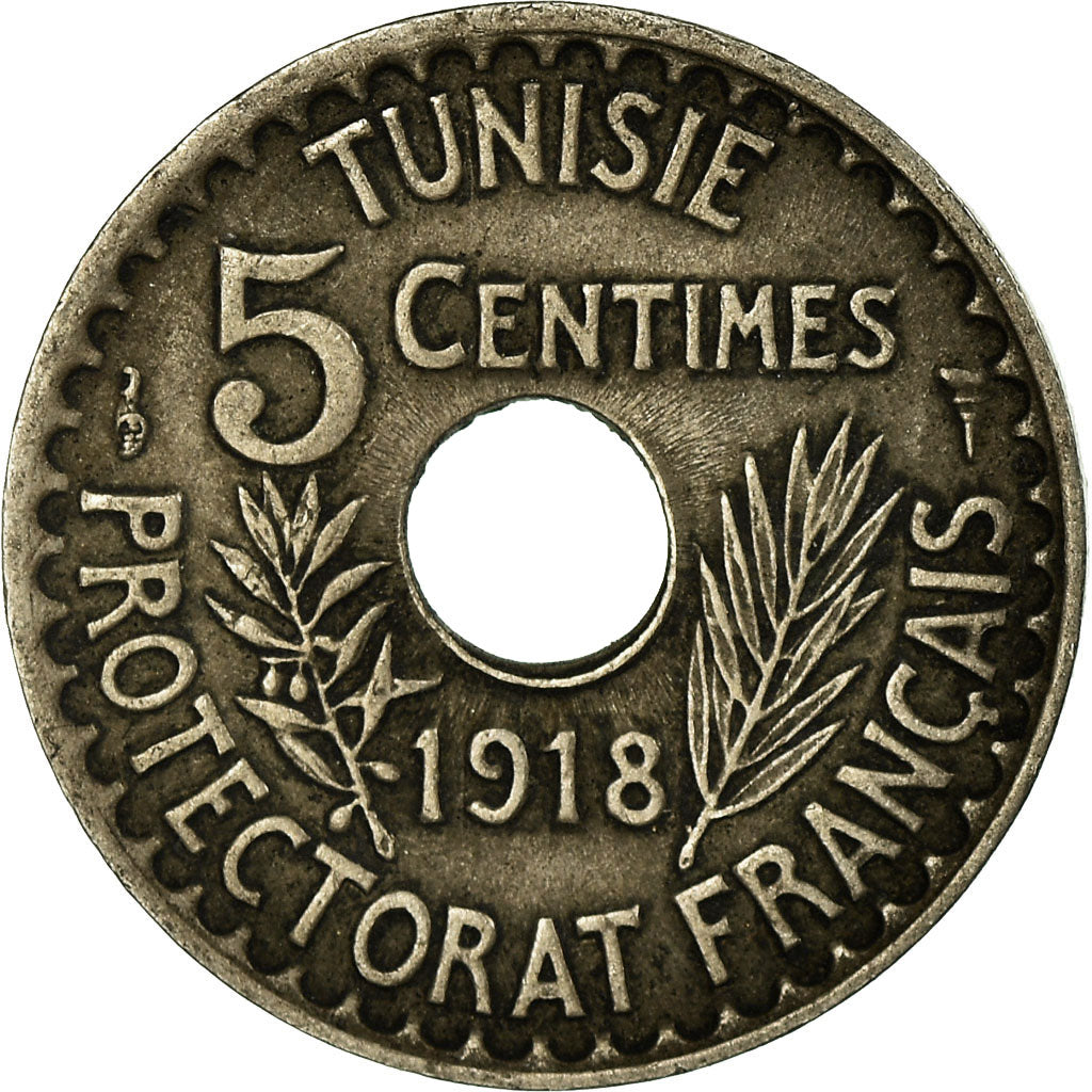 Coin, Tunisia, Muhammad al-Nasir Bey, 5 Centimes, 1918, Paris, EF(40-45)