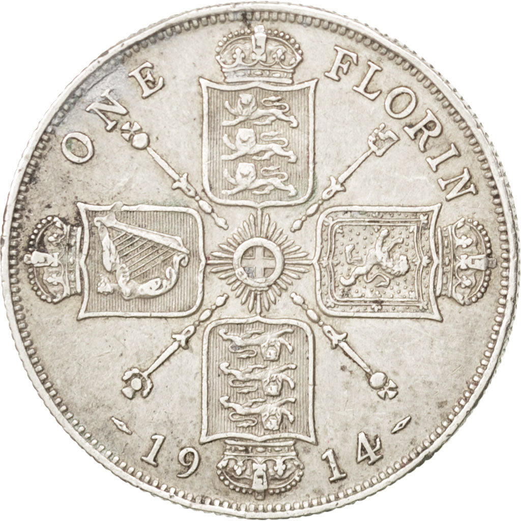 GREAT BRITAIN, Florin, Two Shillings, 1914, KM #817, EF(40-45), Silver, 28.3,...