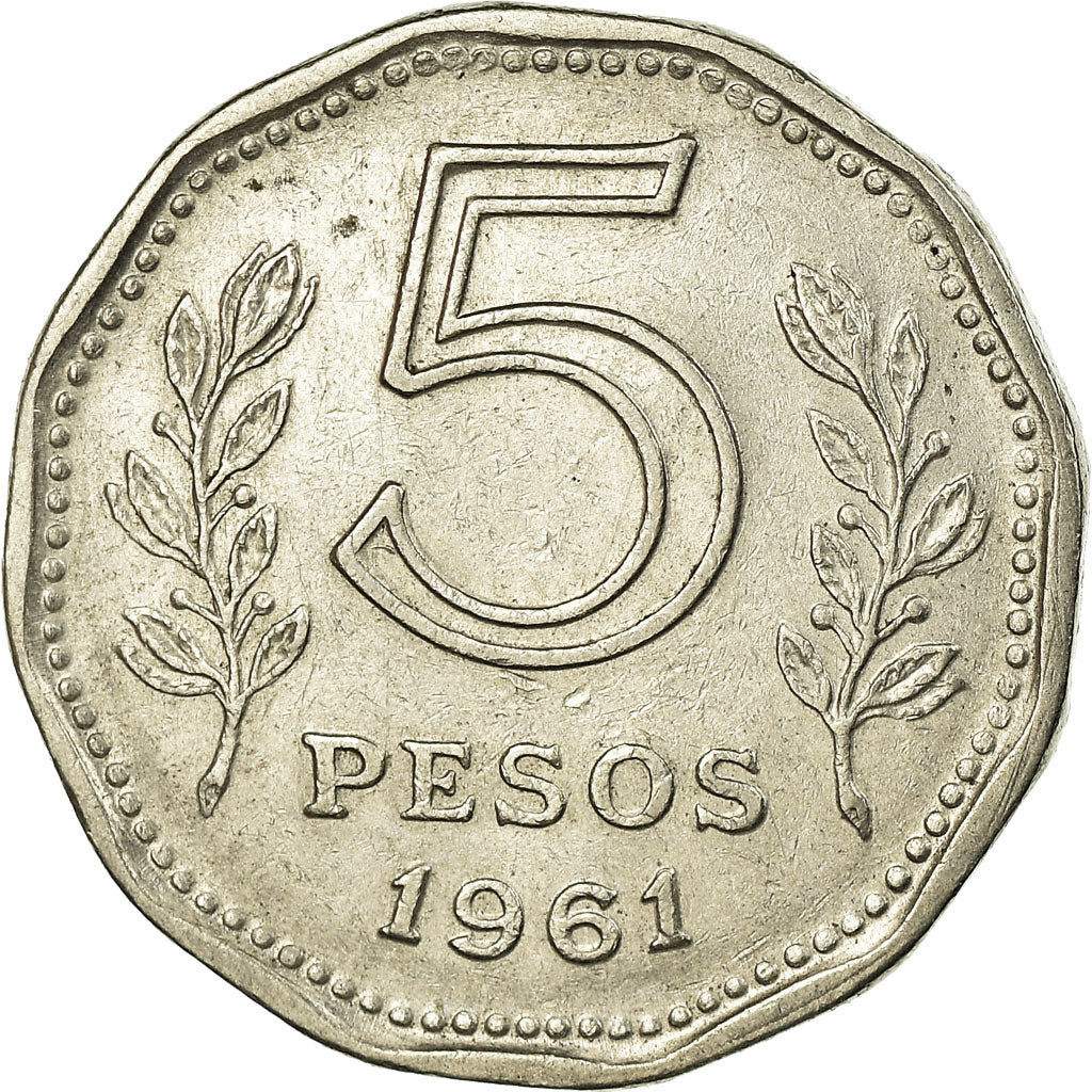 Coin, Argentina, 5 Pesos, 1961, EF(40-45), Nickel Clad Steel, KM:59