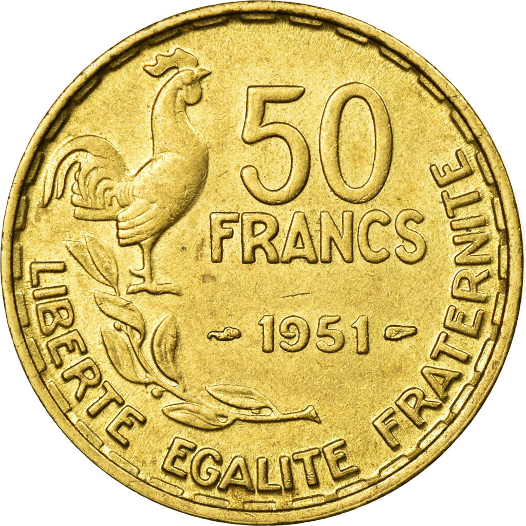 Moneta, Francja, Guiraud, 50 Francs, 1951, AU(50-53), Aluminium-Brąz, KM:918.1