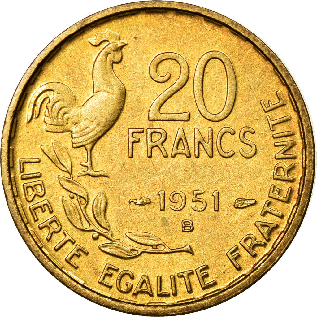 Moneda, Francia, Guiraud, 20 Francs, 1951, Beaumont-le-Roger, MBC+, Aluminio -