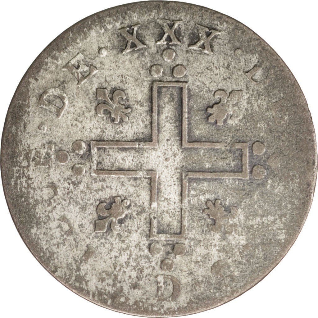 FRANCE, XXX Deniers aux 2 L couronnés, 30 Deniers, 1712, Lyon, KM #378.2, F...