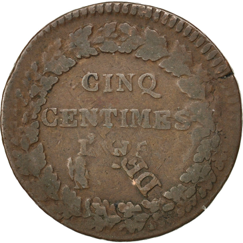 FRANCE, 5 Centimes, 1796, Paris, VF(20-25), Copper, Gadoury #125, 10.37