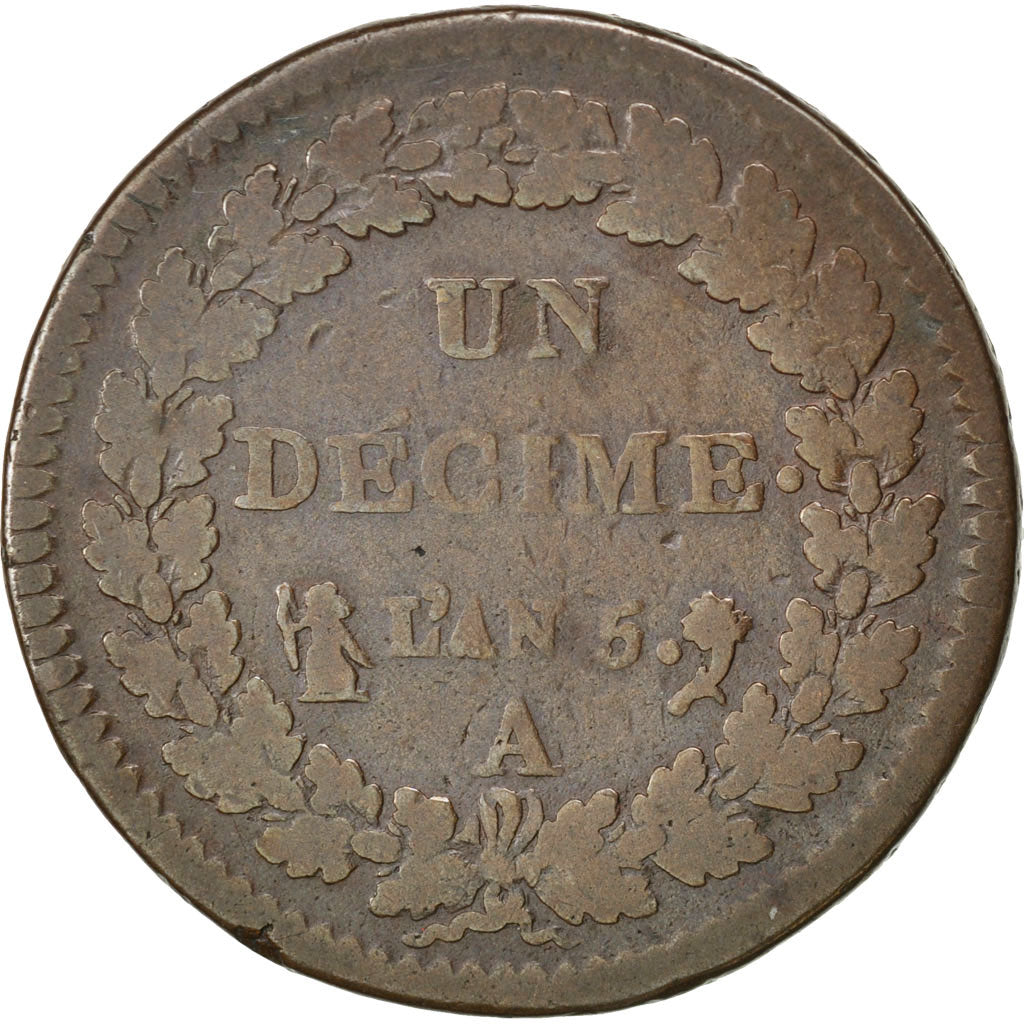 FRANCE, Dupré, Decime, 1796, Paris, KM #644.1, VF(20-25), Bronze, 32, Gadoury #.