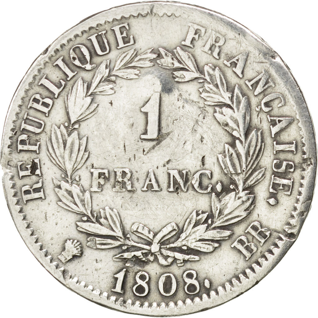 FRANCE, Napoléon I, Franc, 1808, Strasbourg, KM #682.3, VF(30-35), Silver, G...