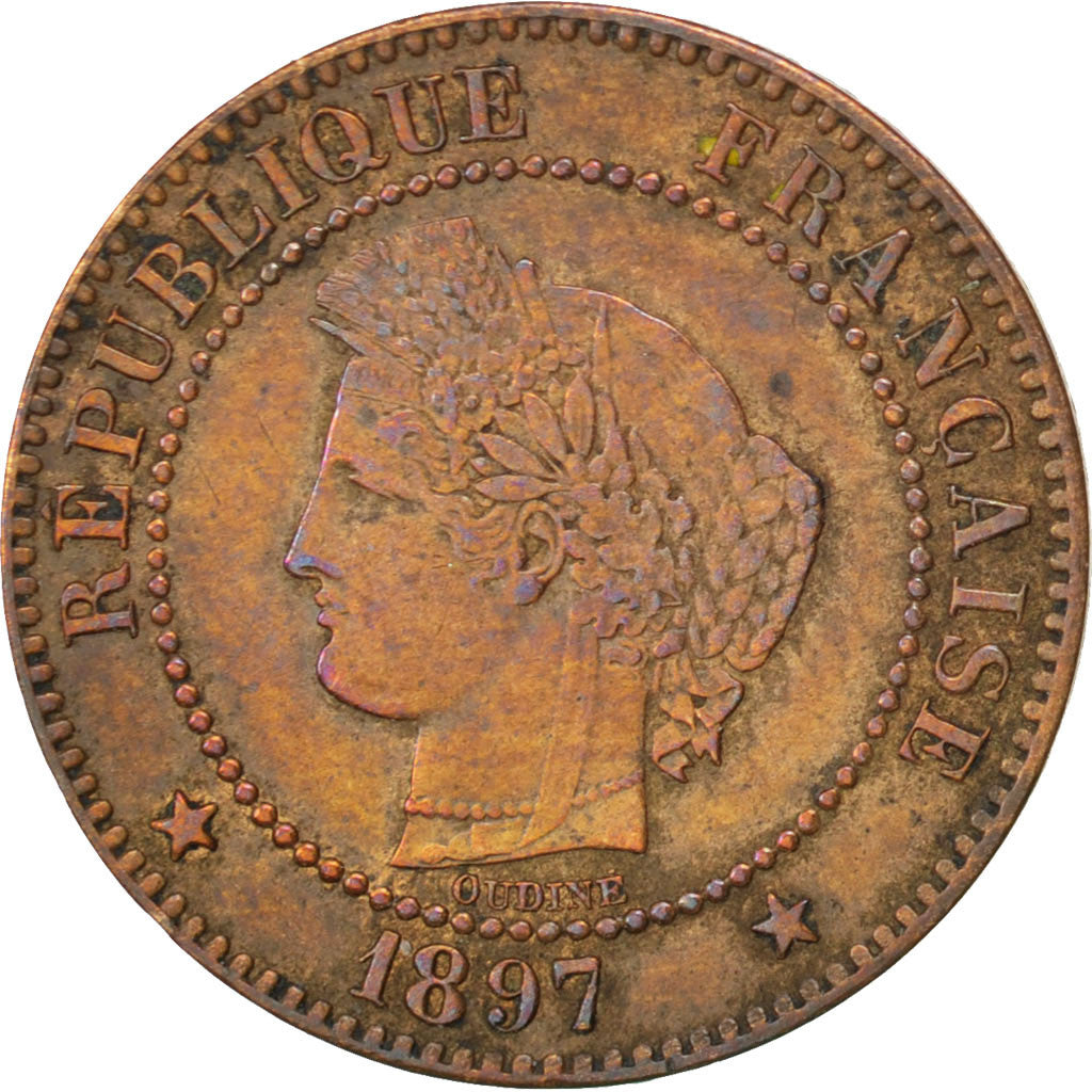 FRANCE, Cérès, 2 Centimes, 1897, Paris, KM #827.1, AU(50-53), Bronze, 20.2, G...