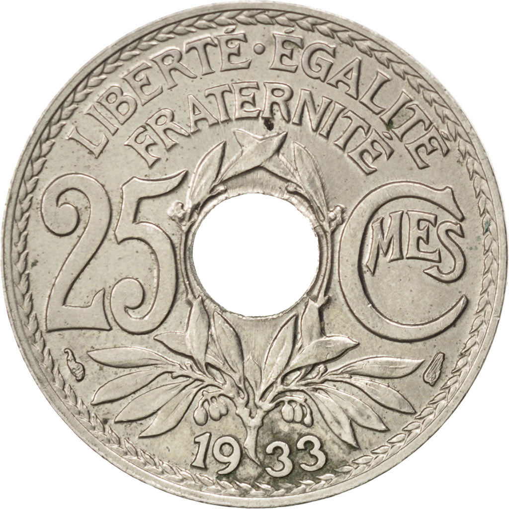 FRANCE, Lindauer, 25 Centimes, 1933, KM #867a, AU(50-53), Copper-Nickel, 24,...