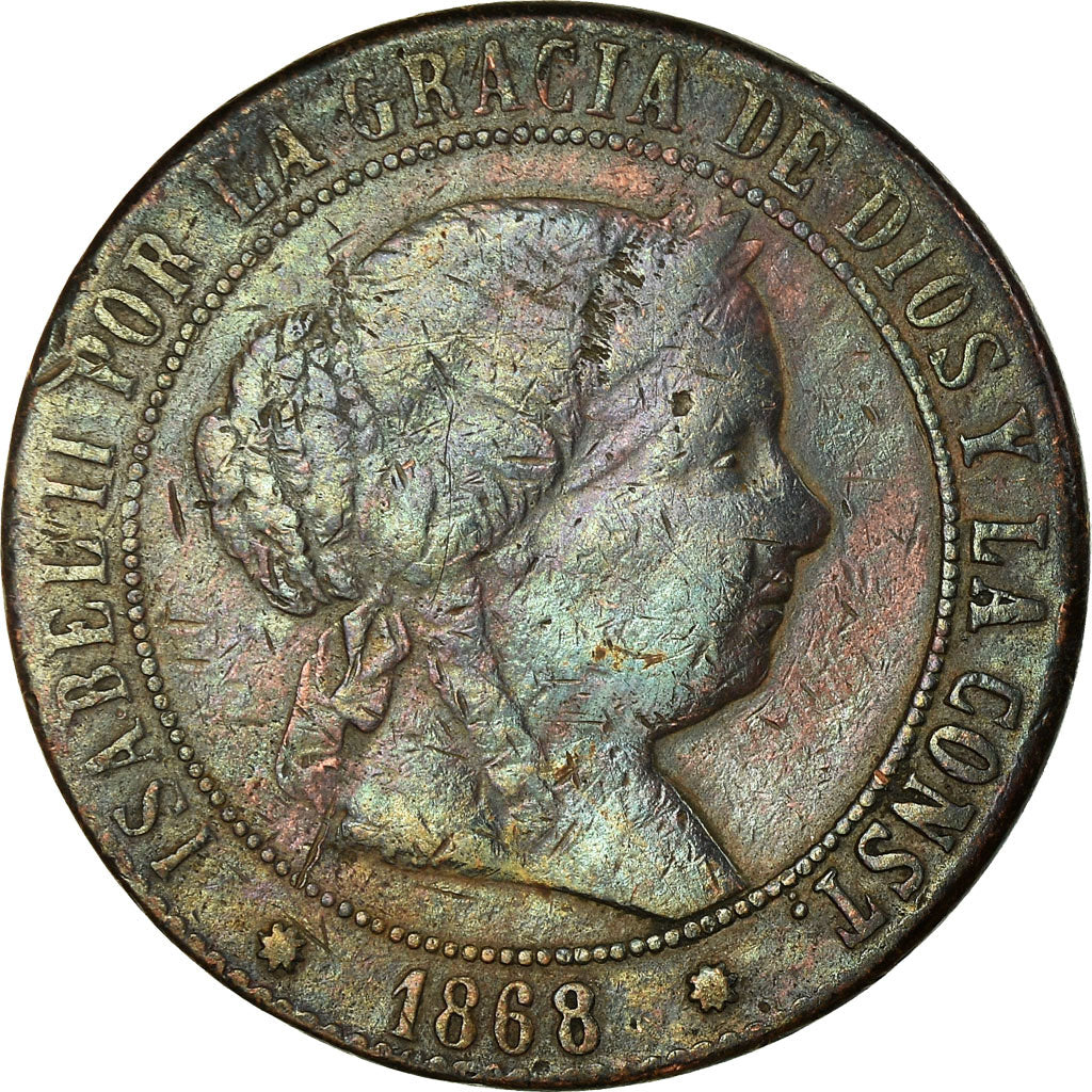 Coin, Spain, Isabel II, 5 Centimos, 1868, F(12-15), Copper, KM:635.1