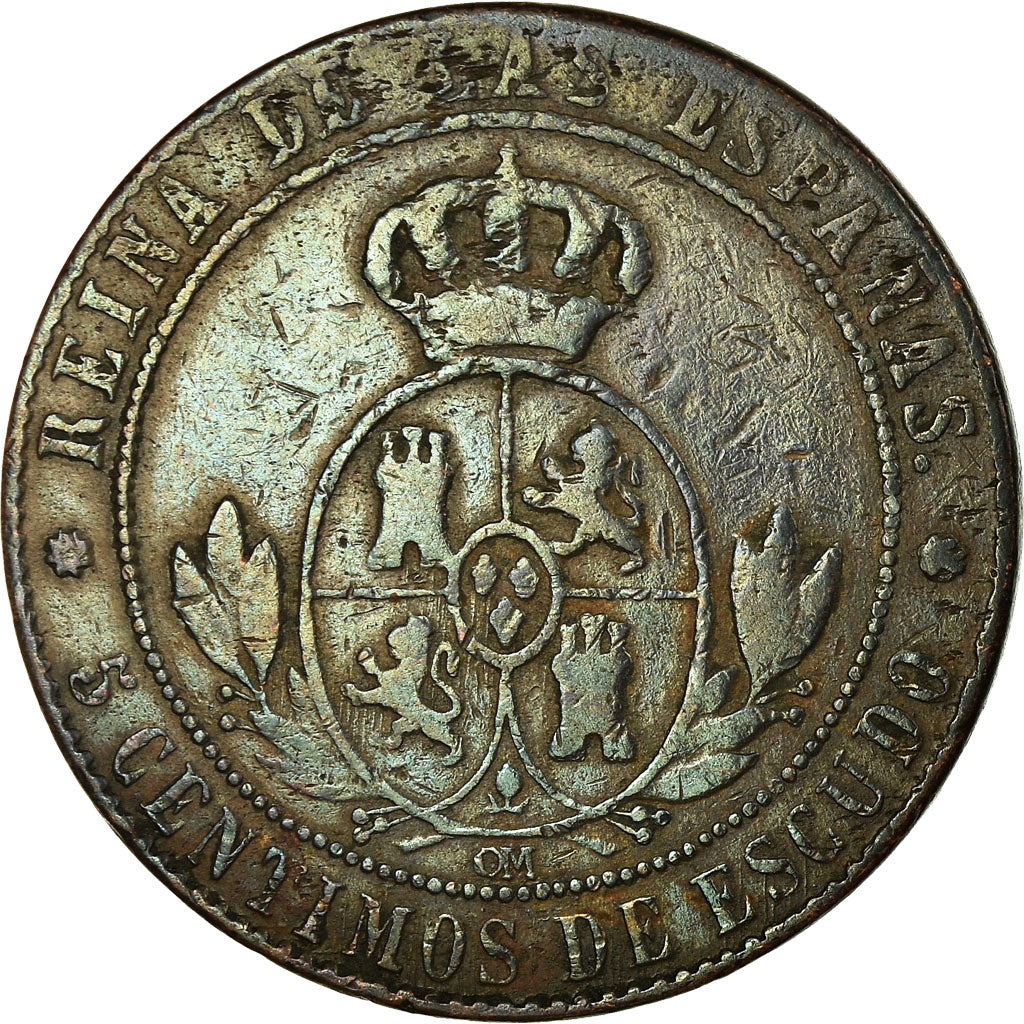 Coin, Spain, Isabel II, 5 Centimos, 1868, F(12-15), Copper, KM:635.1