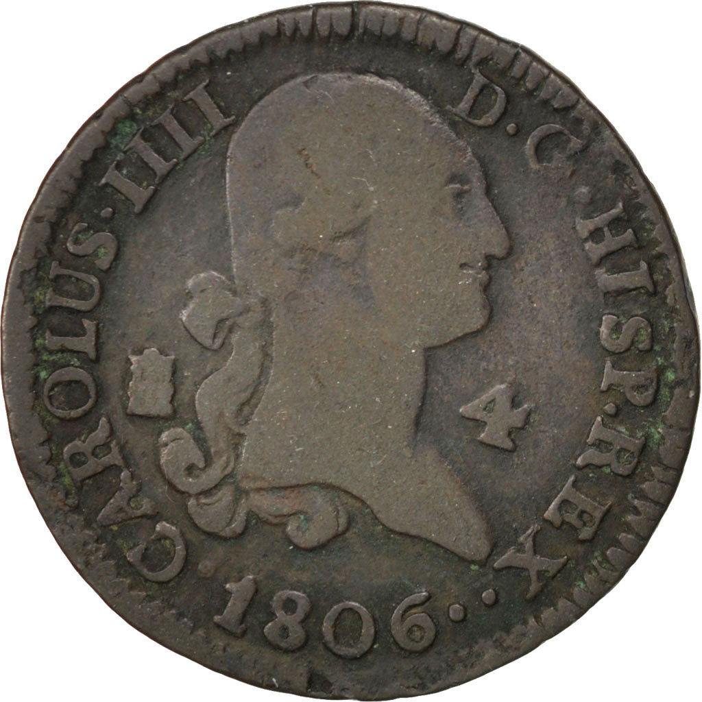 SPAIN, 4 Maravedis, 1806, Segovia, KM #427, VF(30-35), Copper, 4.84