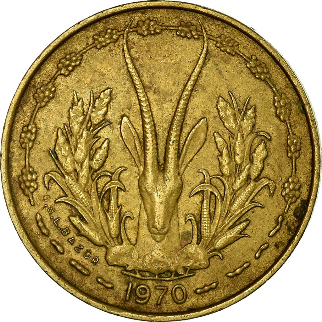 Moneda, Estados del África Occidental, 5 Francs, 1970, MBC, Aluminio - níquel