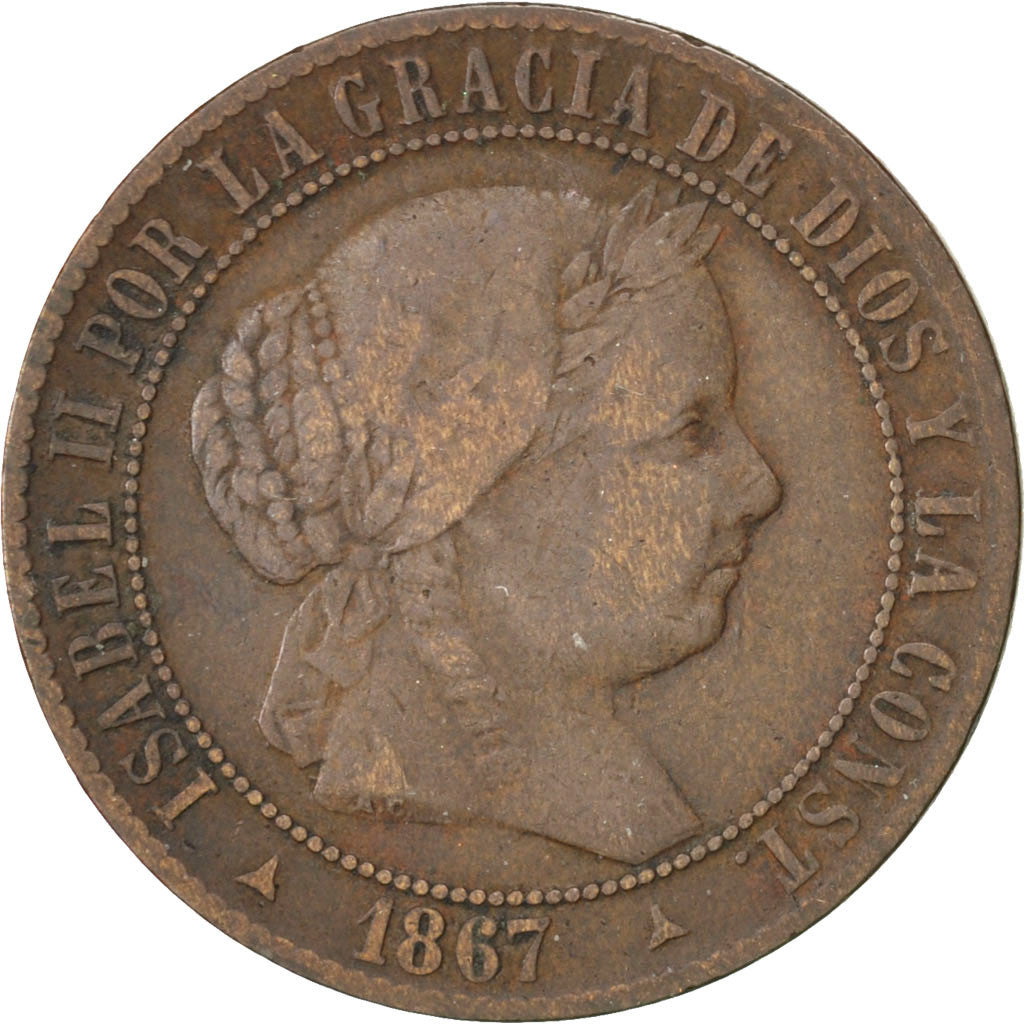 Coin, Spain, Isabel II, 2-1/2 Centimos, 1867, EF(40-45), Copper, KM:634.4