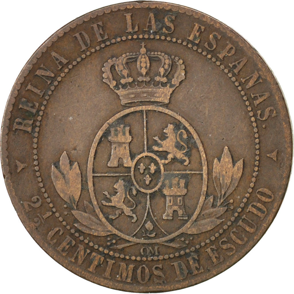 Coin, Spain, Isabel II, 2-1/2 Centimos, 1867, EF(40-45), Copper, KM:634.4