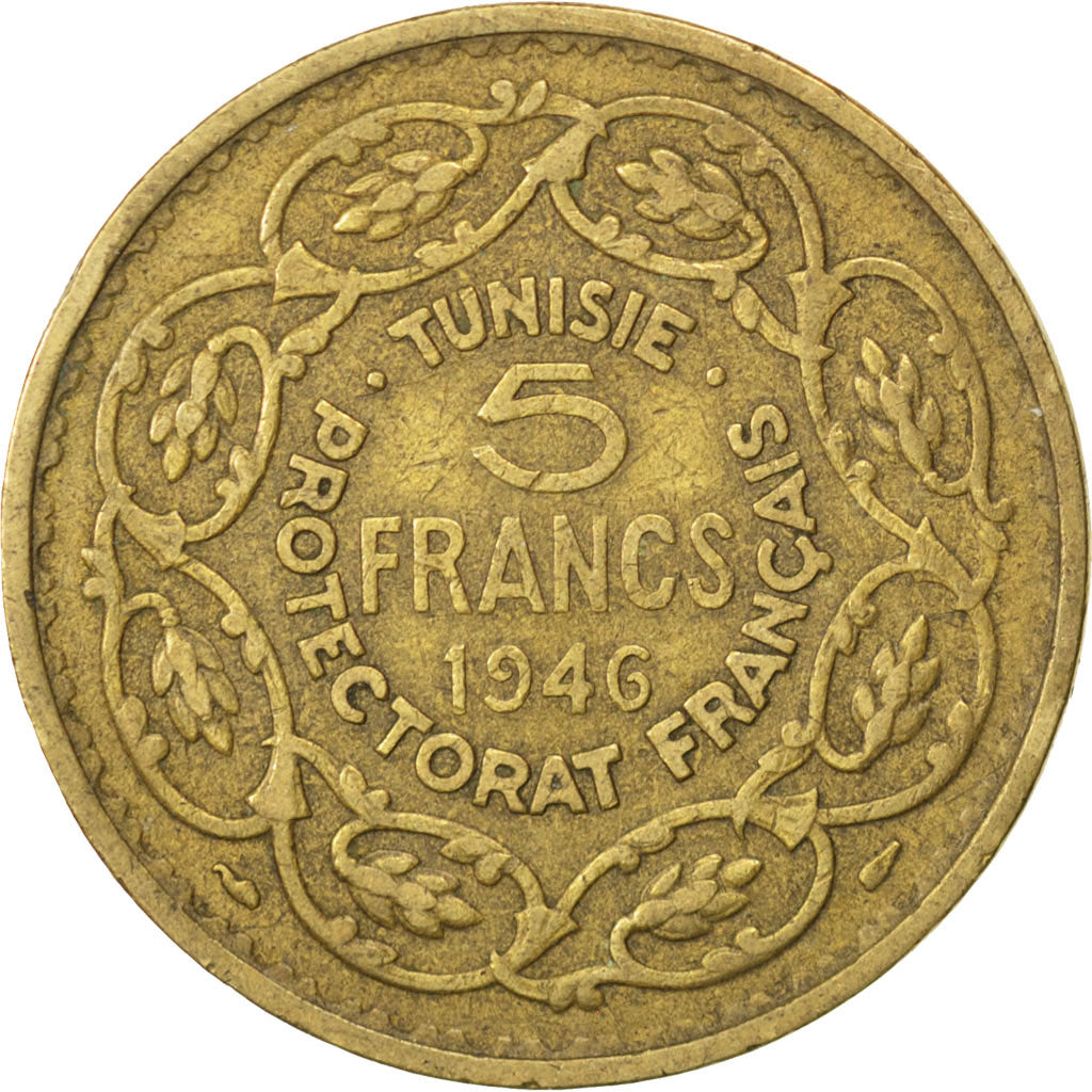 TUNISIA, 5 Francs, 1946, Paris, KM #273, AU(50-53), Aluminum-Bronze, Lecompte...