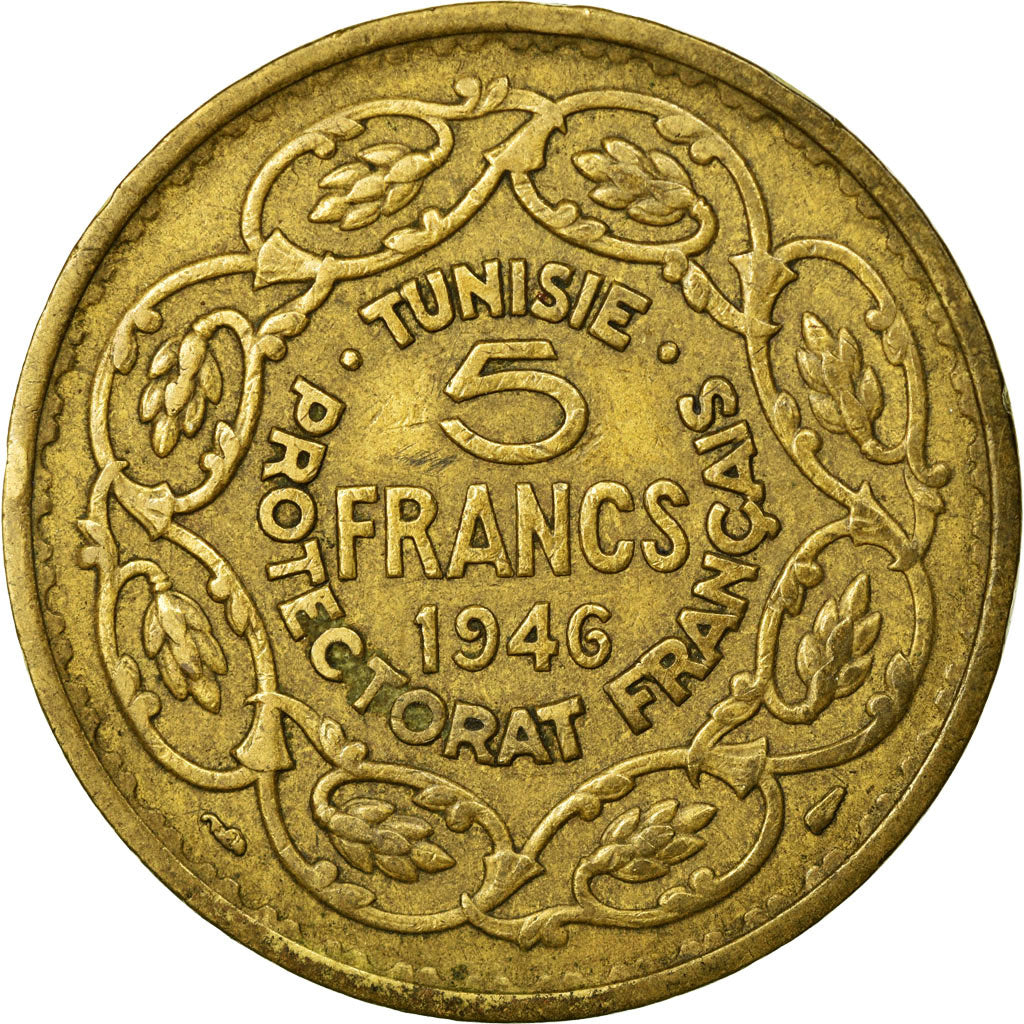 Coin, Tunisia, Muhammad al-Amin Bey, 5 Francs, 1946, Paris, AU(50-53)