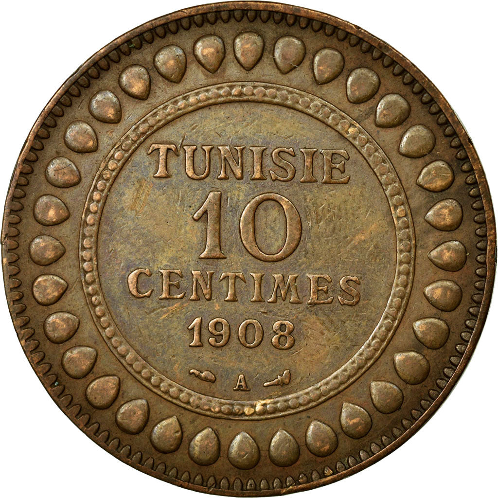 Coin, Tunisia, Muhammad al-Nasir Bey, 10 Centimes, 1908, Paris, AU(50-53)