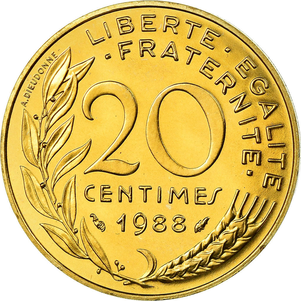 Moeda, França, Marianne, 20 Centimes, 1988, Paris, MS(65-70), Alumínio-Bronze
