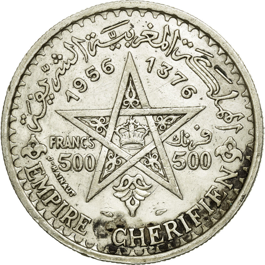 Coin, Morocco, Mohammed V, 500 Francs, 1956, AU(50-53), Silver, KM:54