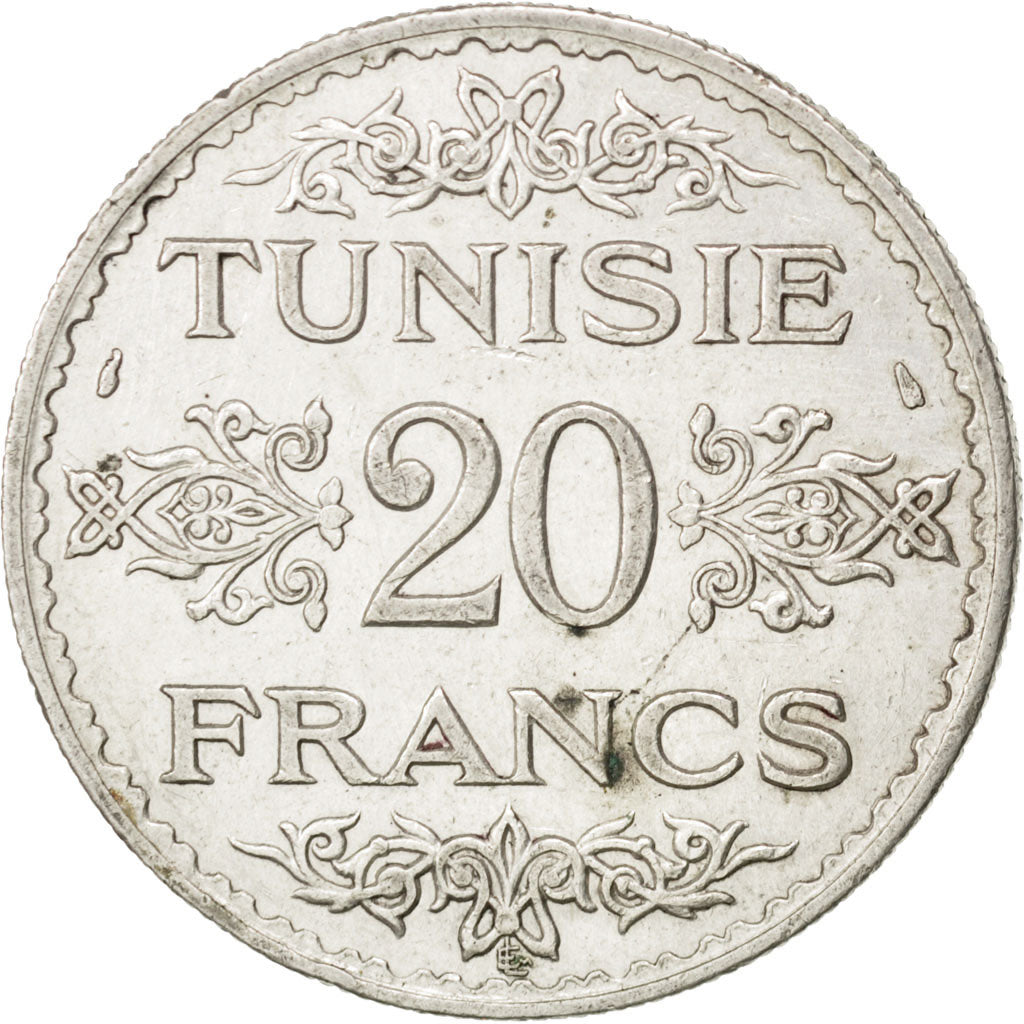 TUNISIA, 20 Francs, 1934, Paris, KM #263, AU(50-53), Silver, 35, 19.97