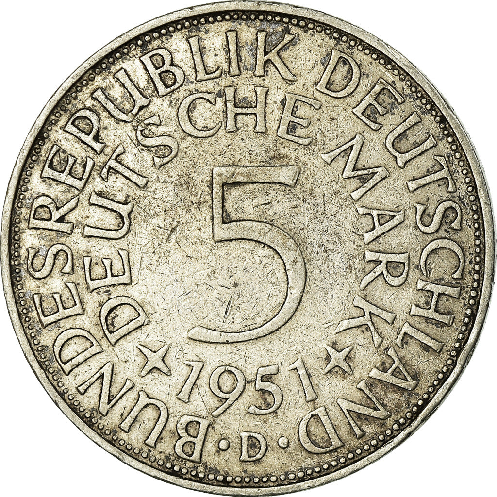 Coin, GERMANY - FEDERAL REPUBLIC, 5 Mark, 1951, Munich, EF(40-45), Silver