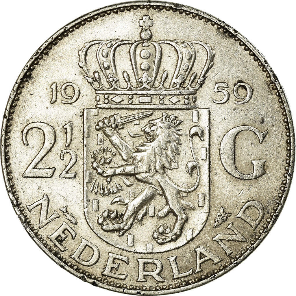 Coin, Netherlands, Juliana, 2-1/2 Gulden, 1959, EF(40-45), Silver, KM:185