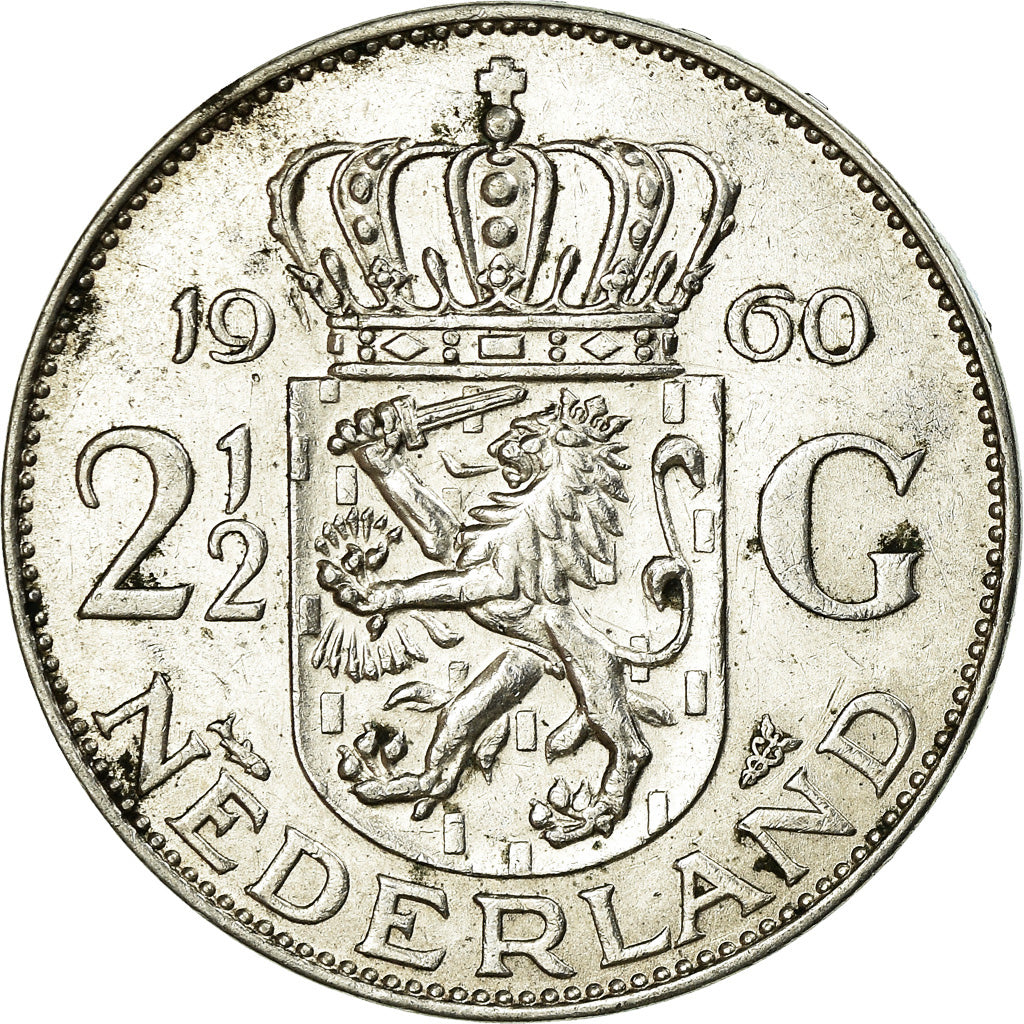 Coin, Netherlands, Juliana, 2-1/2 Gulden, 1960, EF(40-45), Silver, KM:185