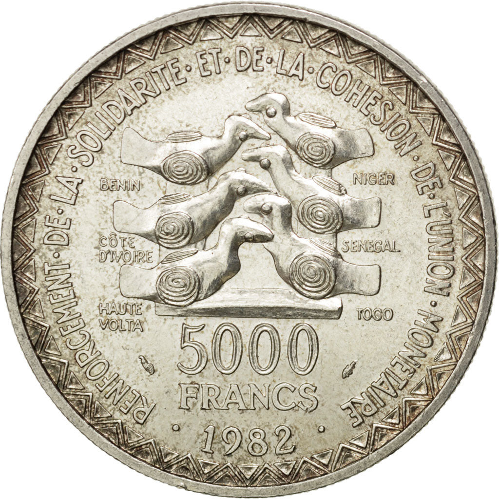 Coin, West African States, 5000 Francs, 1982, AU(55-58), Silver, KM:11